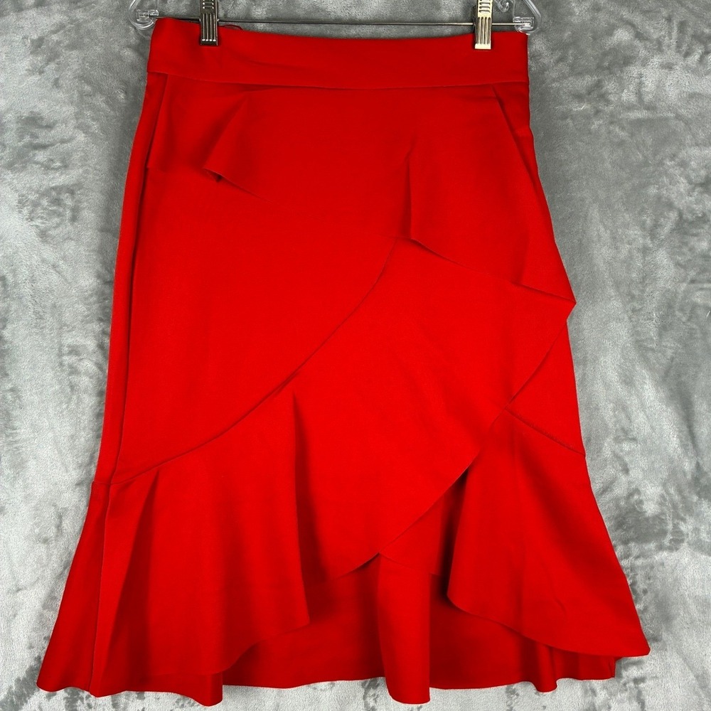 Coast London Red Ruffle Front Midi Skirt High Waist Flounce Hem US 8 UK 12